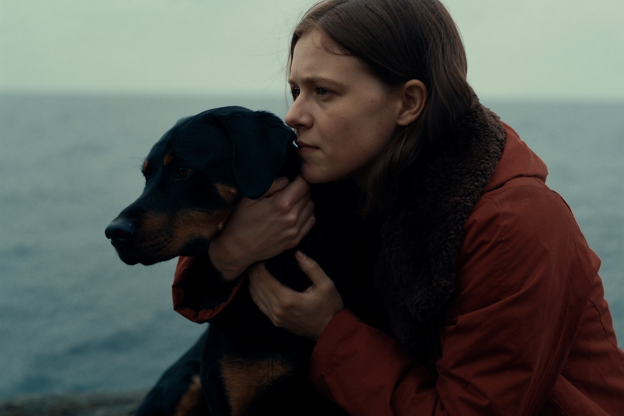 Frau und Rottweiler am Meer — stille Verbundenheit